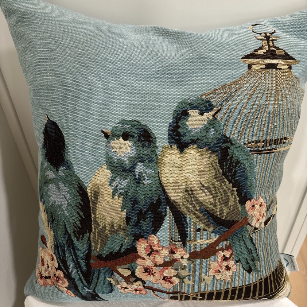 Westex Throw Pillow 18x18 Blue Birds Birdcage Floral Tapestry Cotton Cover